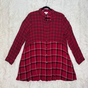 JJILL Red Black Mixed Plaid Button Front Long Sleeve Tunic Sz Medium